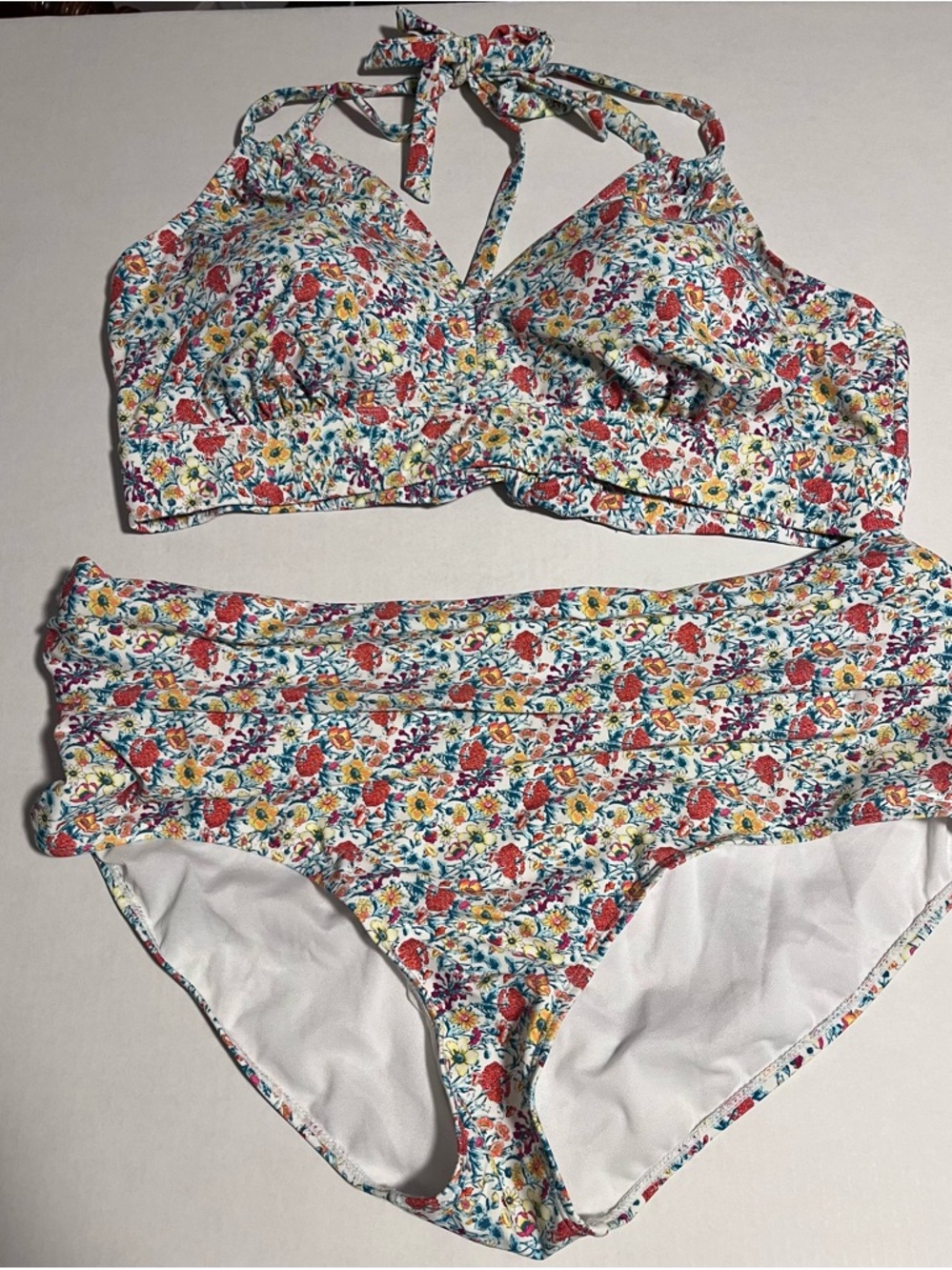 BloomChic Floral Halter Bikini in White, Red, Yellow, Blue